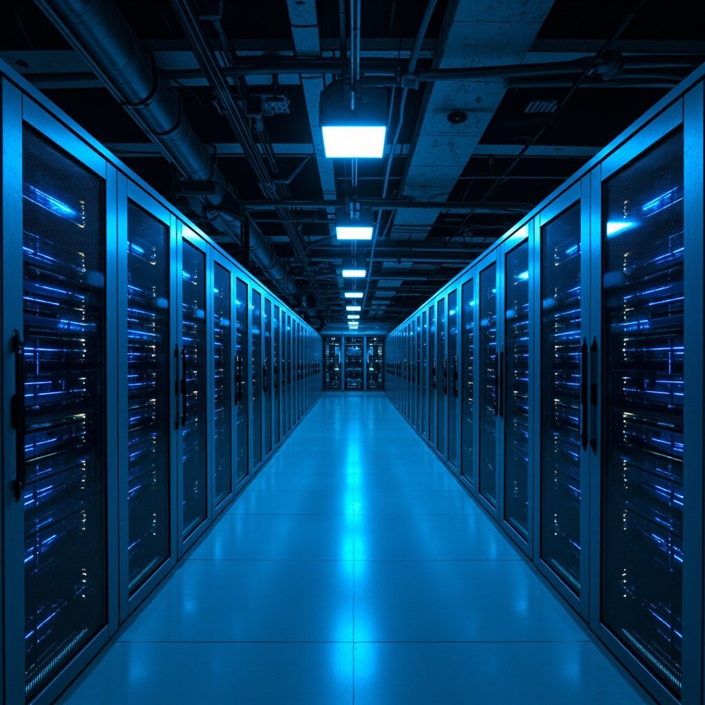 Centro de datos con servidores Nvidia GB200, filas de racks de IA con iluminación azul