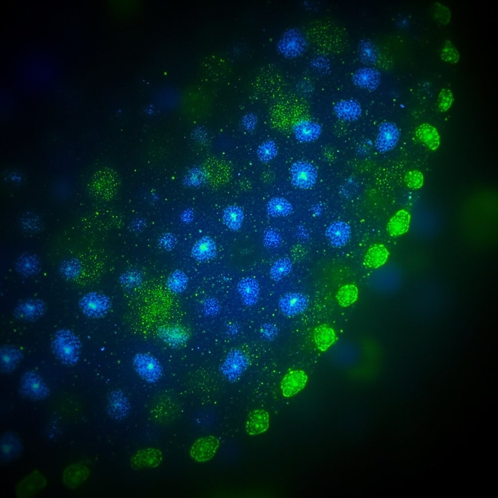 Células de pepino de mar bajo microscopio, mostrando división celular y regeneración