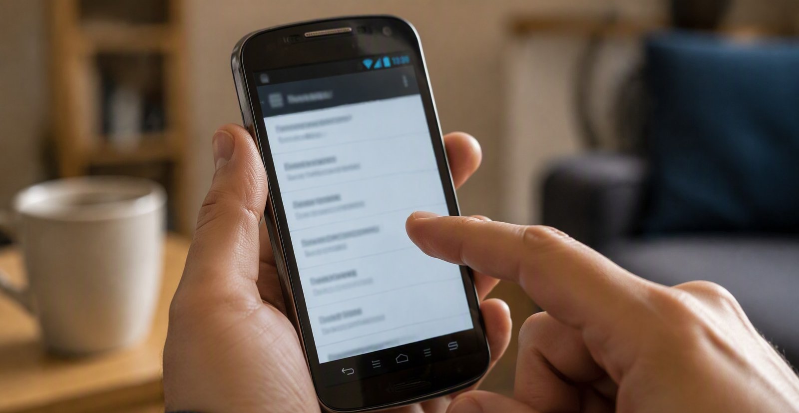 Manos sosteniendo un móvil Android mostrando la información de software en ajustes