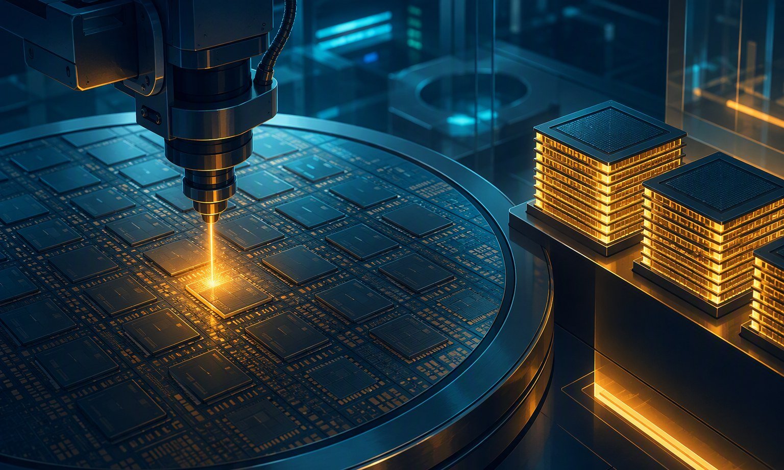 Sala limpia de una fábrica de semiconductores con una oblea de chips de memoria siendo grabada y pilas de memoria HBM brillando en primer plano
