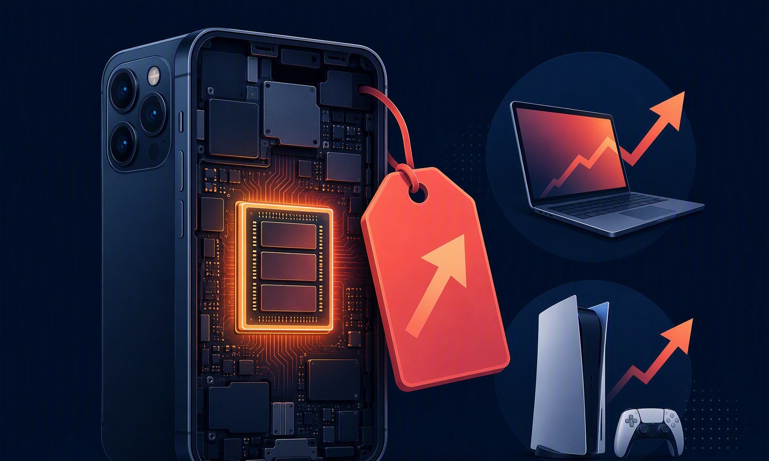 Smartphone en sección con su chip de memoria brillando en el interior y una etiqueta de precio con flecha al alza, junto a un portátil y una consola también encarecidos