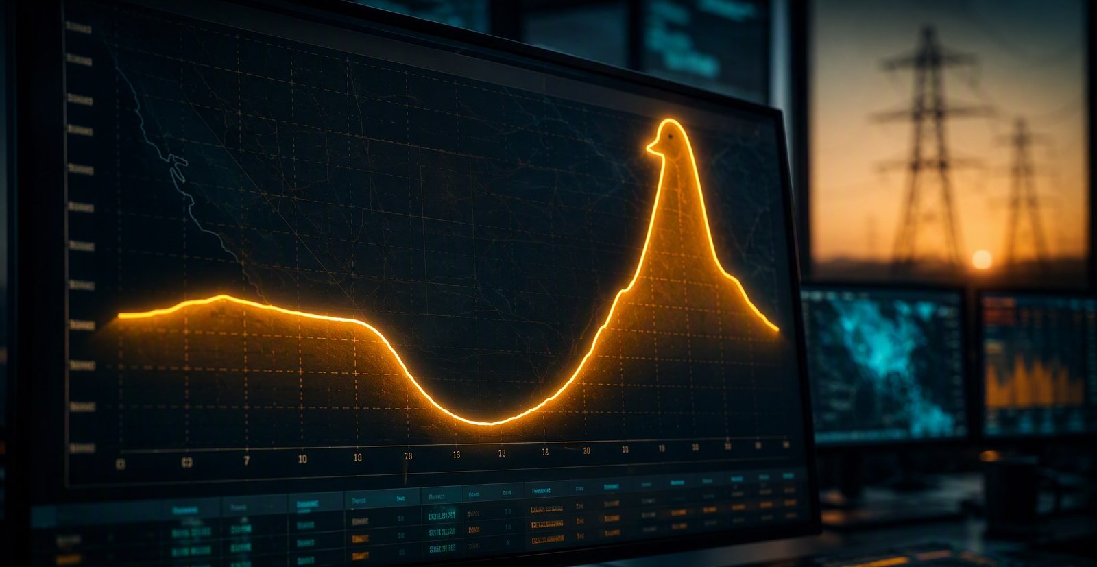 Curva de precios de la electricidad con valle solar al mediodía y pico nocturno