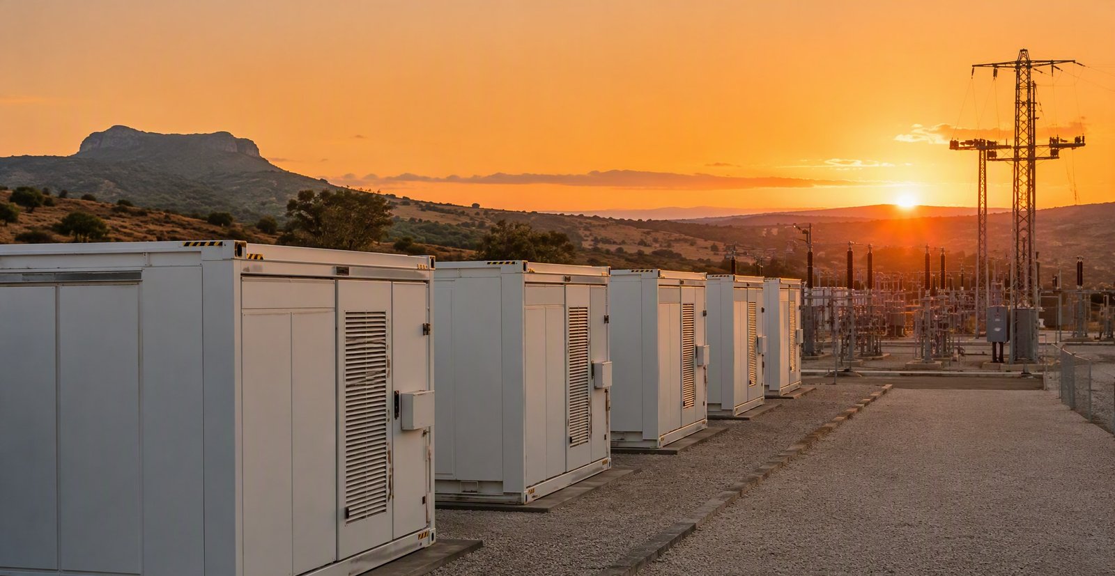 Contenedores industriales de baterías junto a una subestación eléctrica al atardecer
