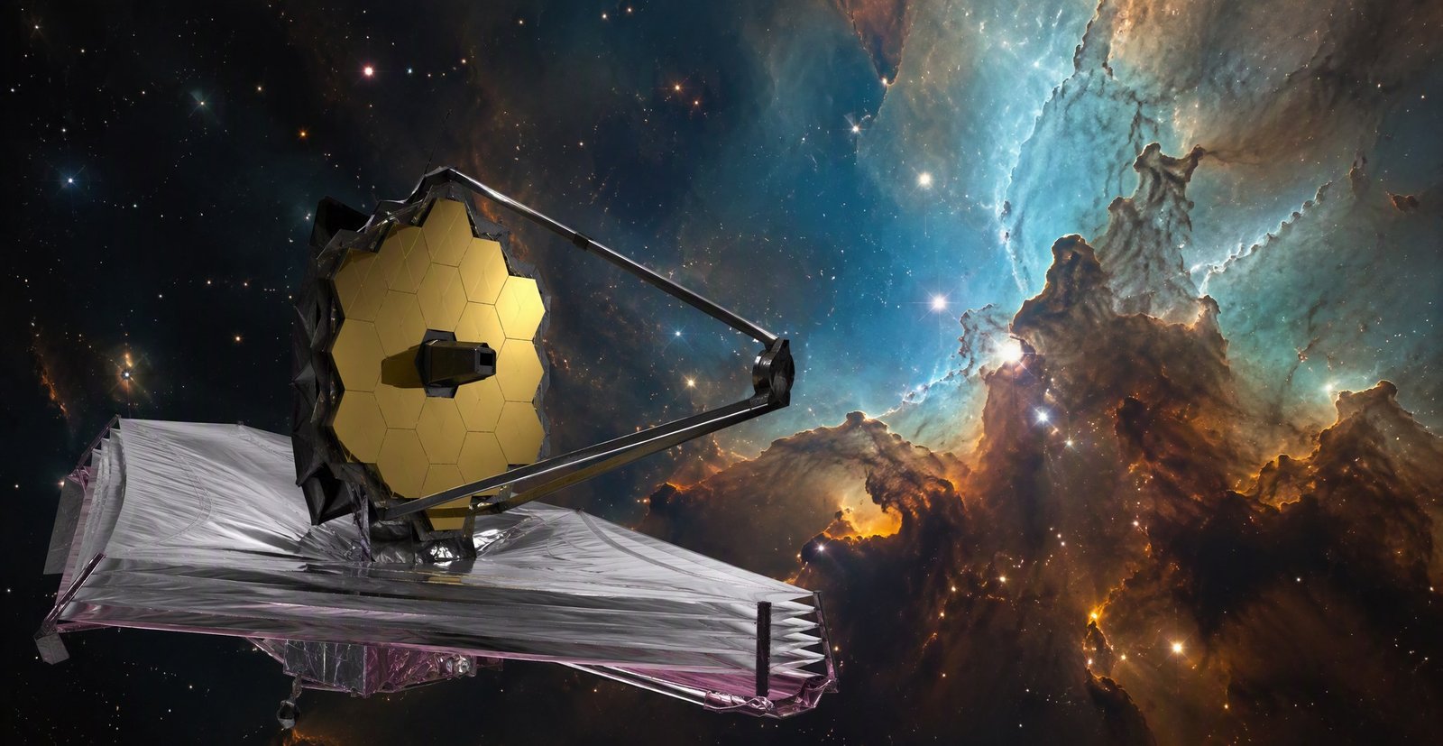 El telescopio espacial James Webb con sus espejos hexagonales dorados observando una región de formación estelar en infrarrojo