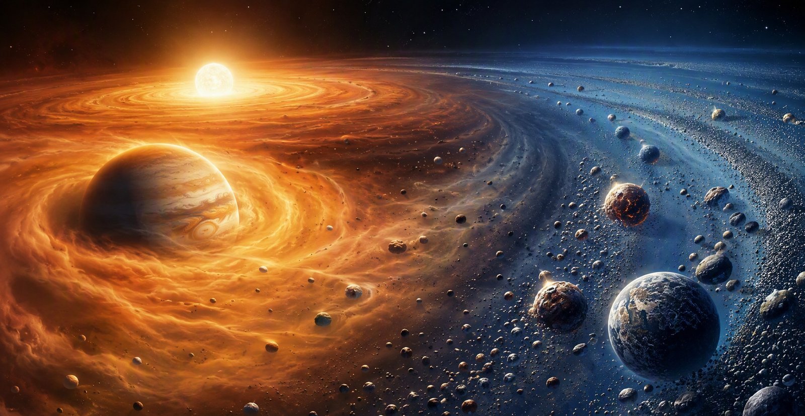 Ilustración científica comparando un planeta gigante gaseoso acumulando atmósfera dentro de un disco con planetas rocosos formándose a partir de polvo y guijarros
