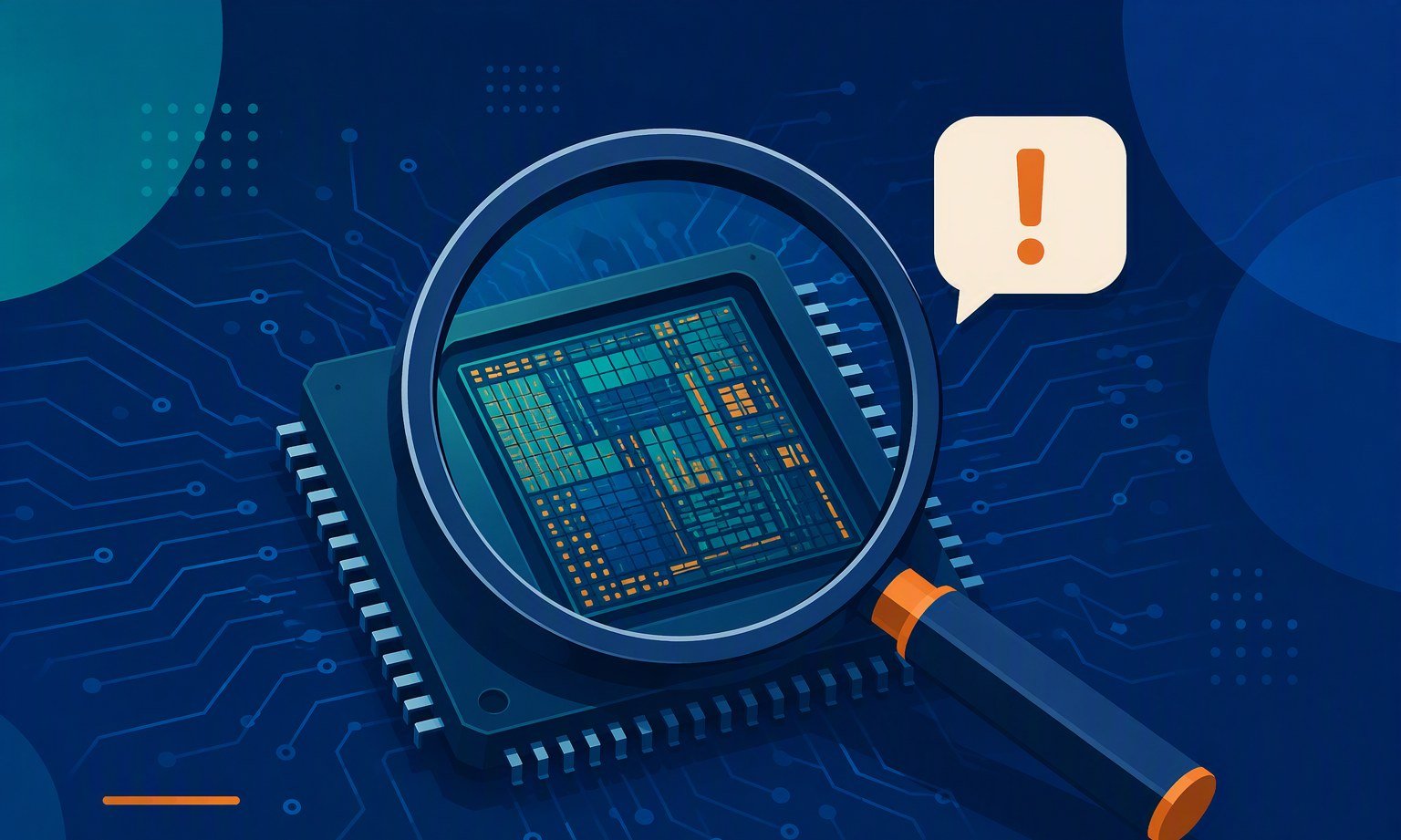 Lupa inspeccionando el chip Tensor G6 del Pixel 11, metáfora del misterio sobre su proceso de fabricación