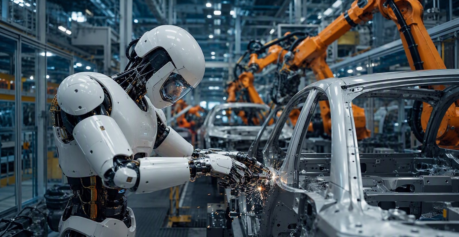 Robot humanoide blanco trabajando en una línea de montaje de coches eléctricos