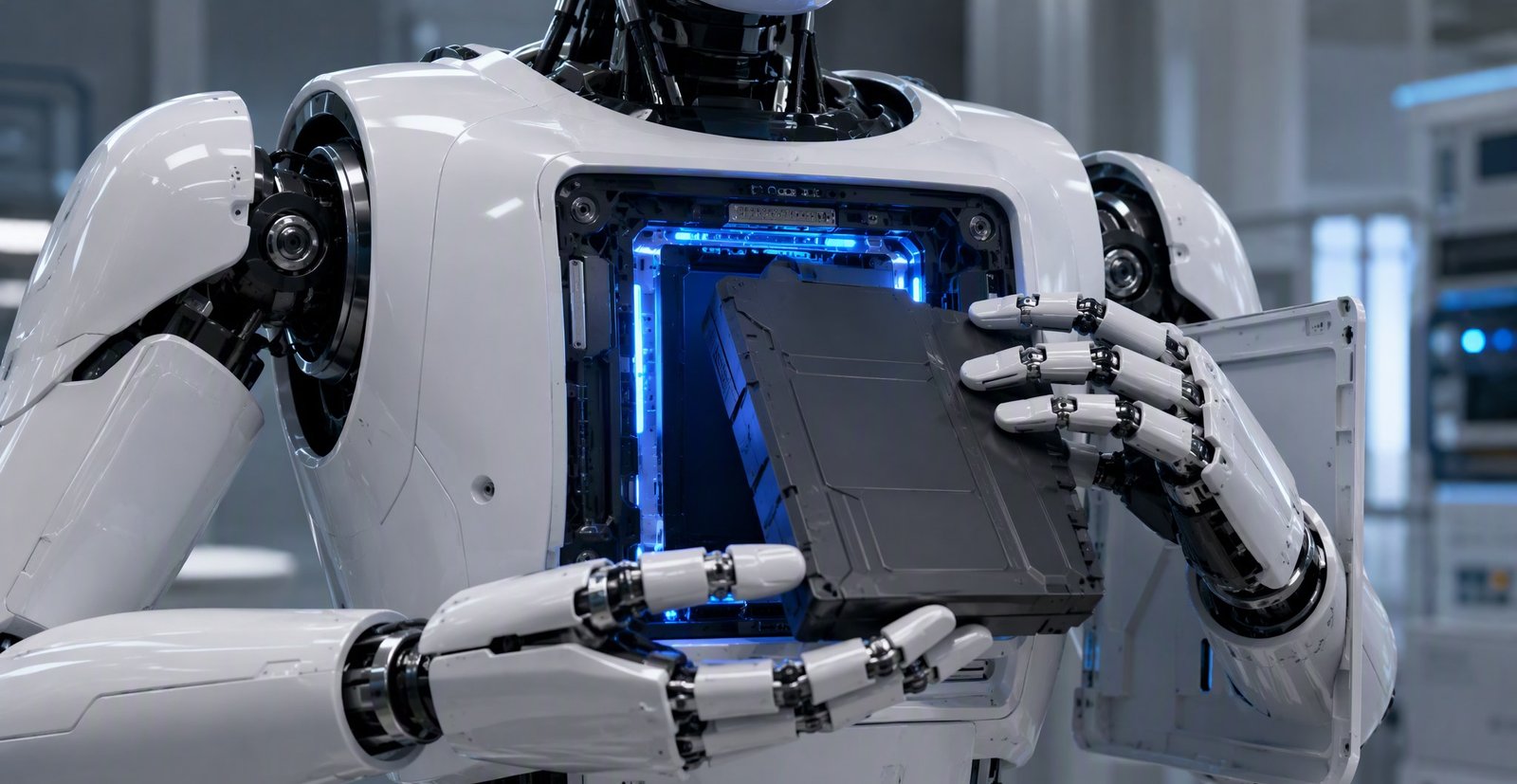 Humanoide cambiando su propio módulo de batería en un laboratorio