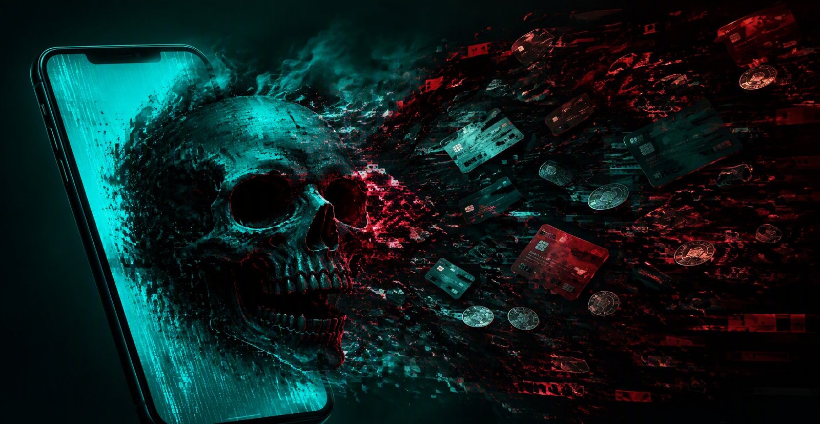 Concepto de malware robando datos bancarios desde un smartphone