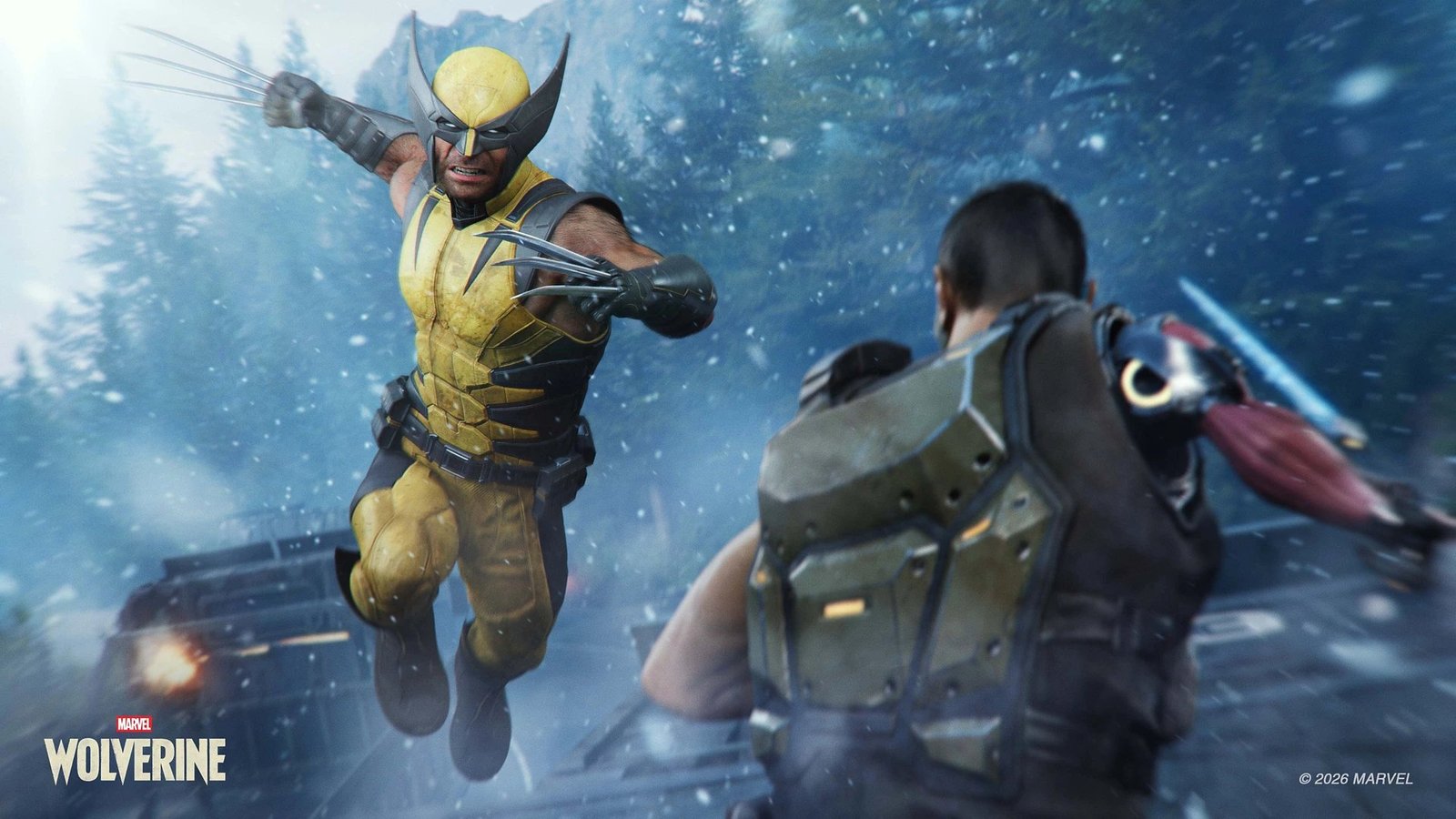 Captura oficial de Marvel's Wolverine de Insomniac Games: Logan salta al ataque contra un enemigo en PS5