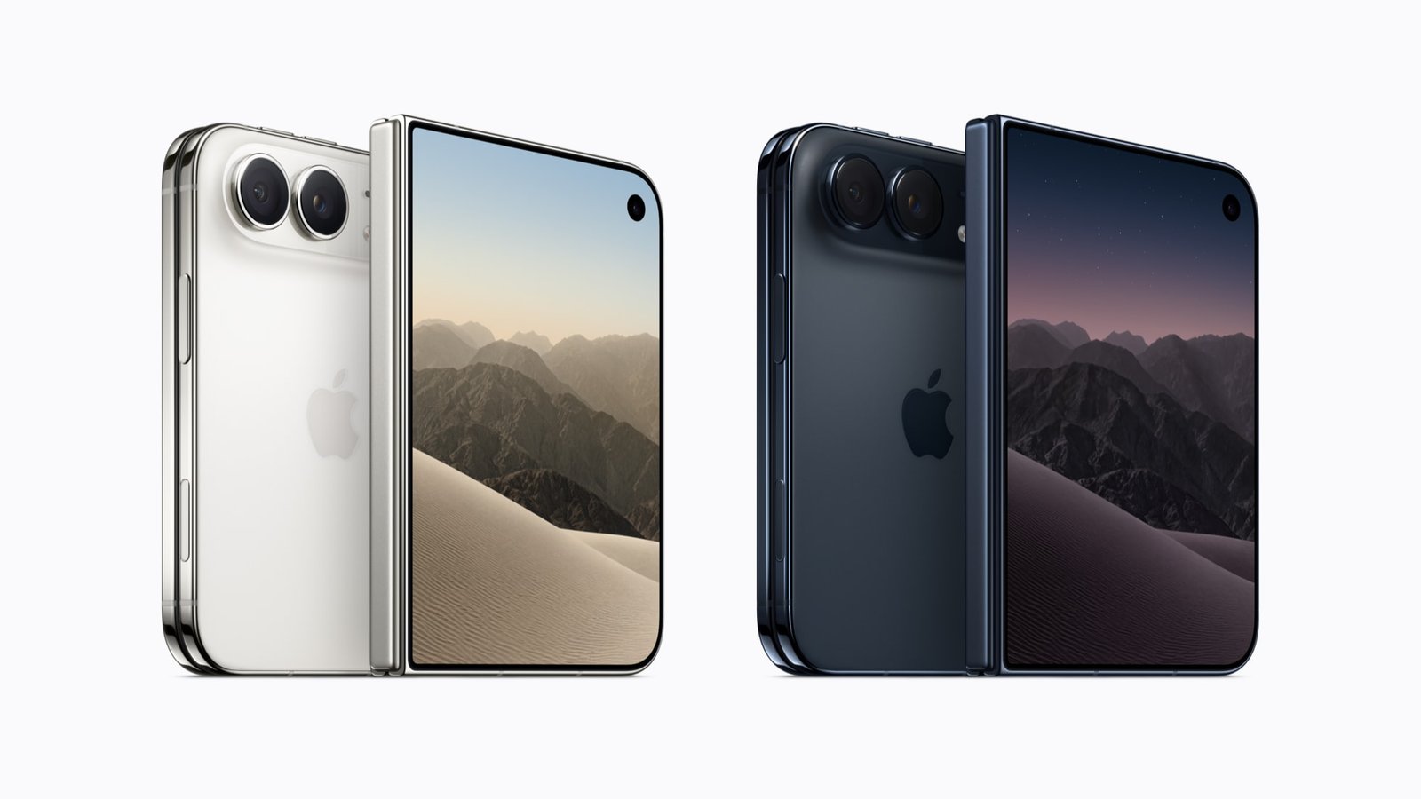 Cuatro iPhone Duo vistos por delante y por detrás en sus dos acabados oficiales, cielo nocturno y blanco estelar, con el chasis de titanio pulido