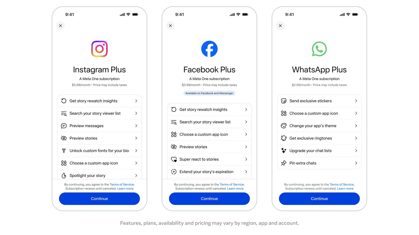 Gráfico de Meta con los planes de producto individual de Meta One: Instagram Plus, Facebook Plus y WhatsApp Plus