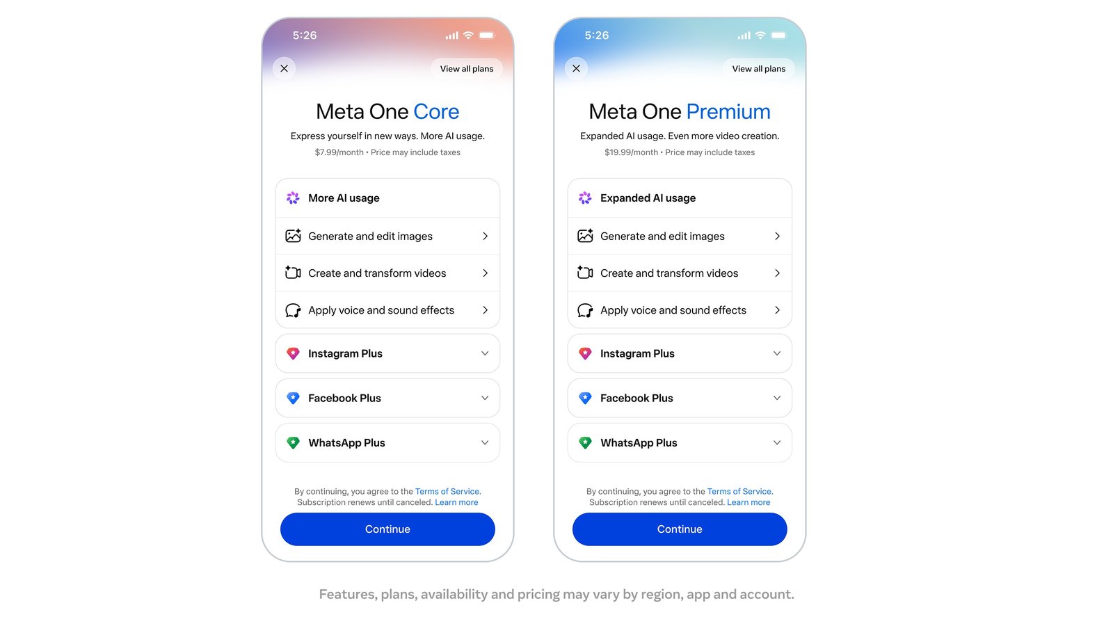 Planes combinados Core y Premium de Meta One para usuarios particulares, con más uso de IA (generación de imágenes, vídeo Muse y Restyle)
