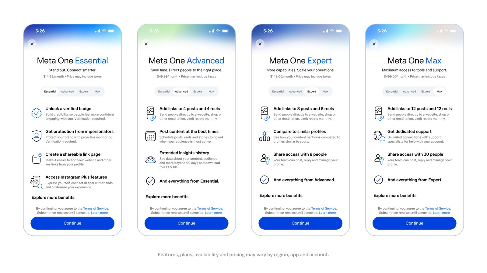 Planes de Meta One para creadores y empresas (Essential, Advanced, Expert y Max) con herramientas profesionales y Meta Business Agent
