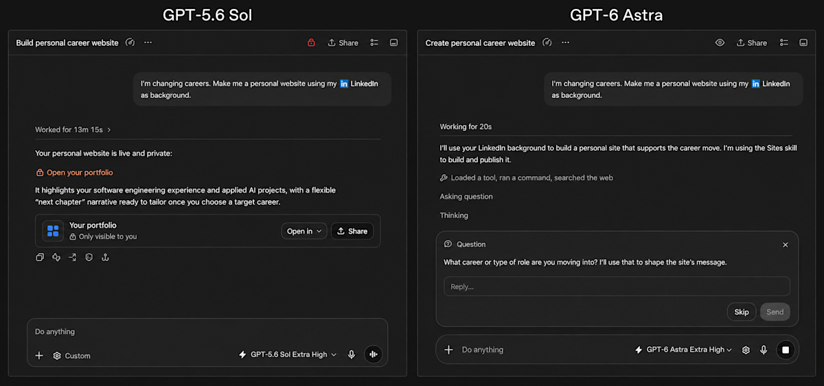 Comparación de GPT-5.6 Sol y GPT-6 Astra construyendo una web personal de carrera profesional