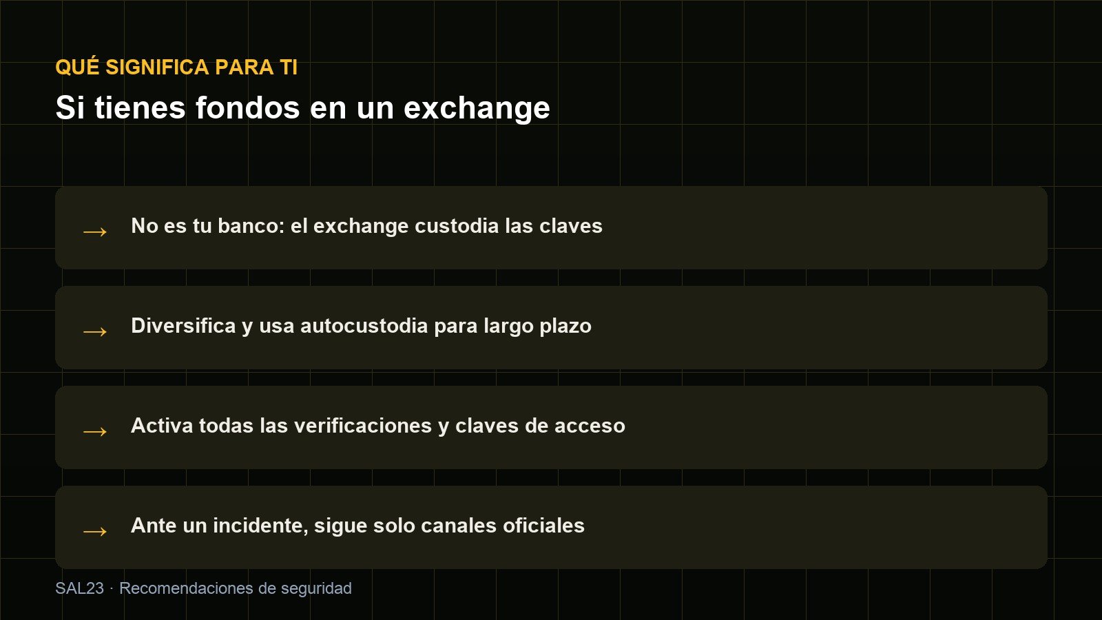 Recomendaciones para usuarios de exchanges: no es tu banco, diversifica y usa autocustodia, activa verificaciones y sigue solo canales oficiales
