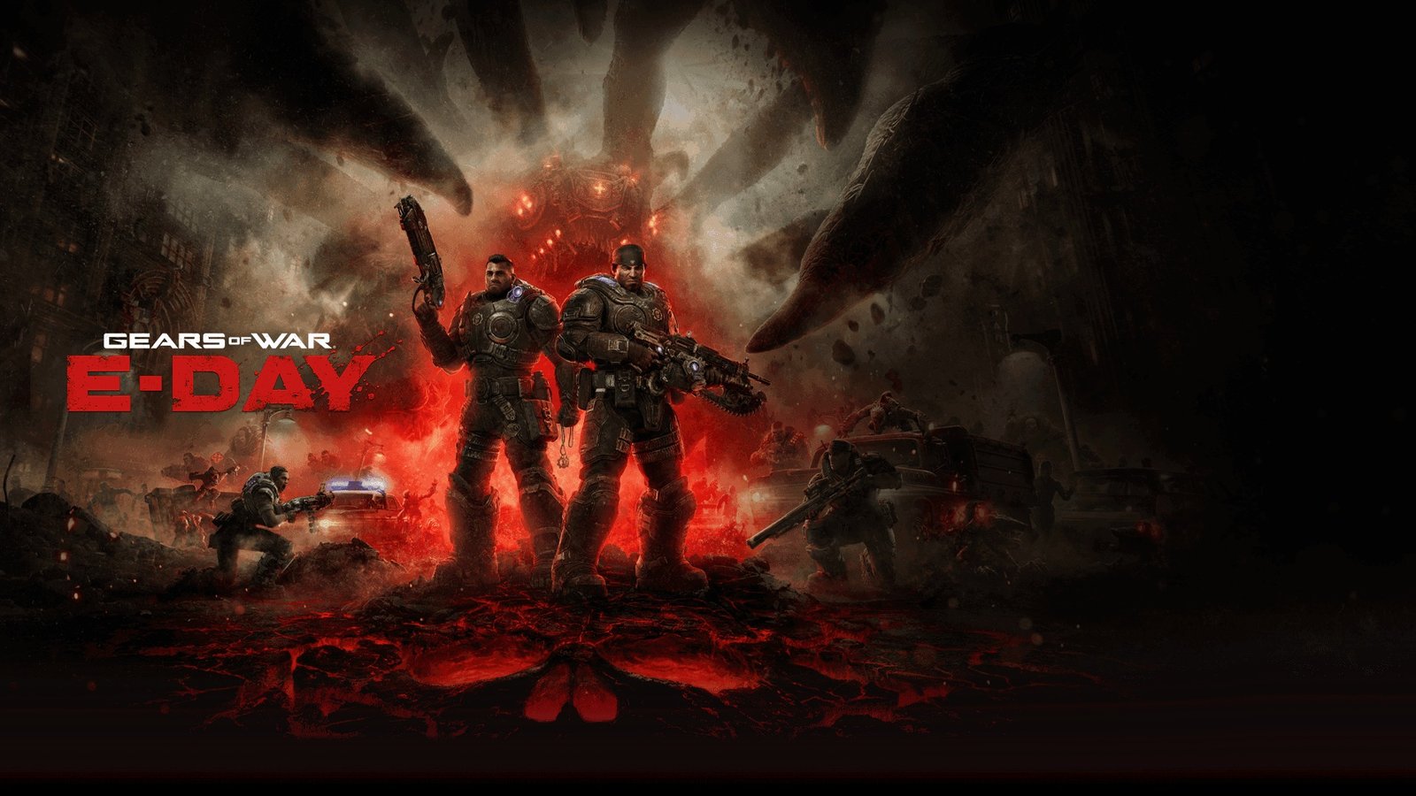 Marcus Fenix y Dom Santiago empuñan sus armas mientras el caos del día de la Emergencia se desata, en el arte oficial de Gears of War: E-Day