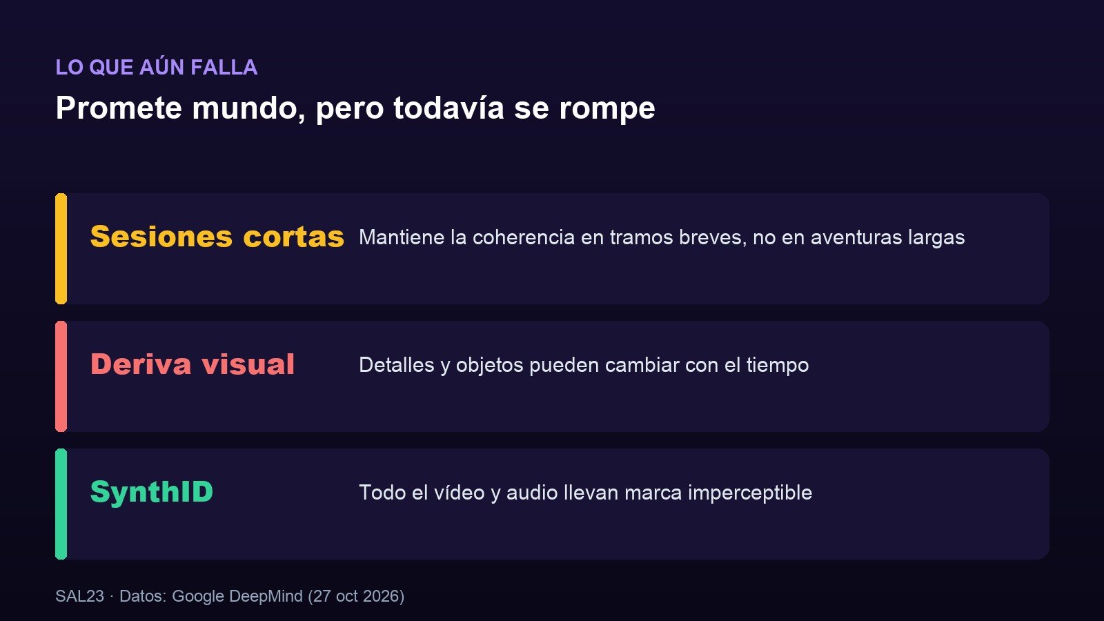 Tres limitaciones reconocidas de Genie 4: sesiones cortas de coherencia, deriva visual de los objetos y la marca de agua SynthID en todo el contenido