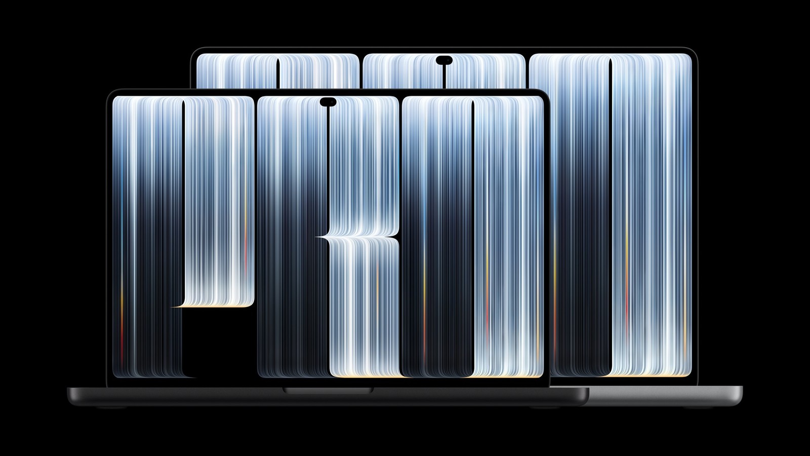 Los dos tamaños del nuevo MacBook Pro con PROLED XDR Display, de 14 y 16 pulgadas, mostrando su pantalla OLED en tándem