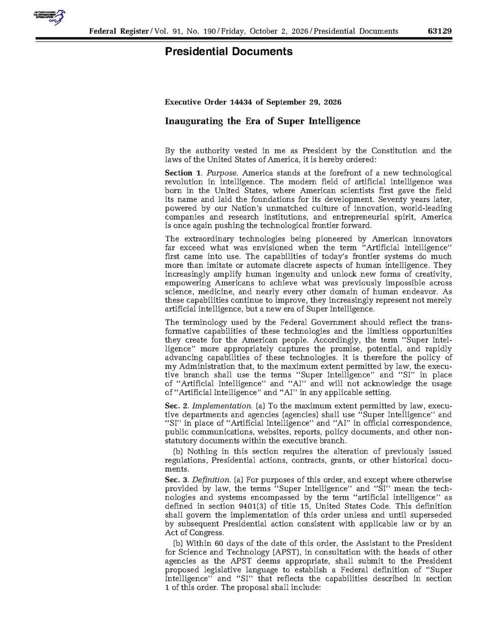 Primera página de la orden ejecutiva 14434 con la que el Gobierno de EE. UU. adopta Super Intelligence como término oficial en lugar de inteligencia artificial