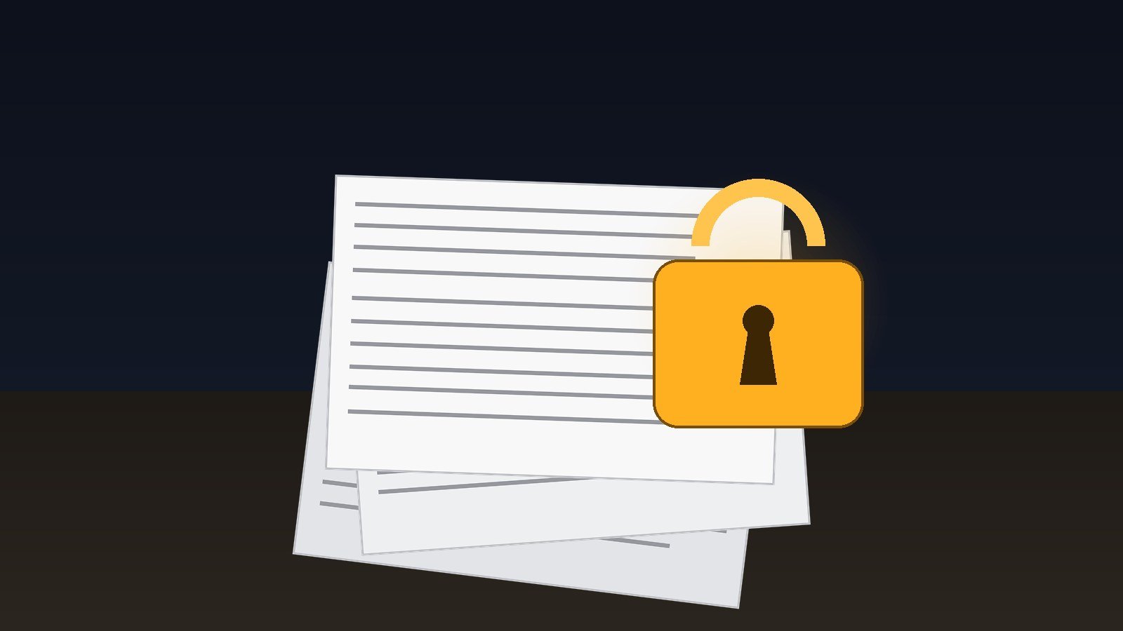 Documentos judiciales apilados sobre una mesa en penumbra con un candado digital dorado iluminado que se cierne sobre ellos
