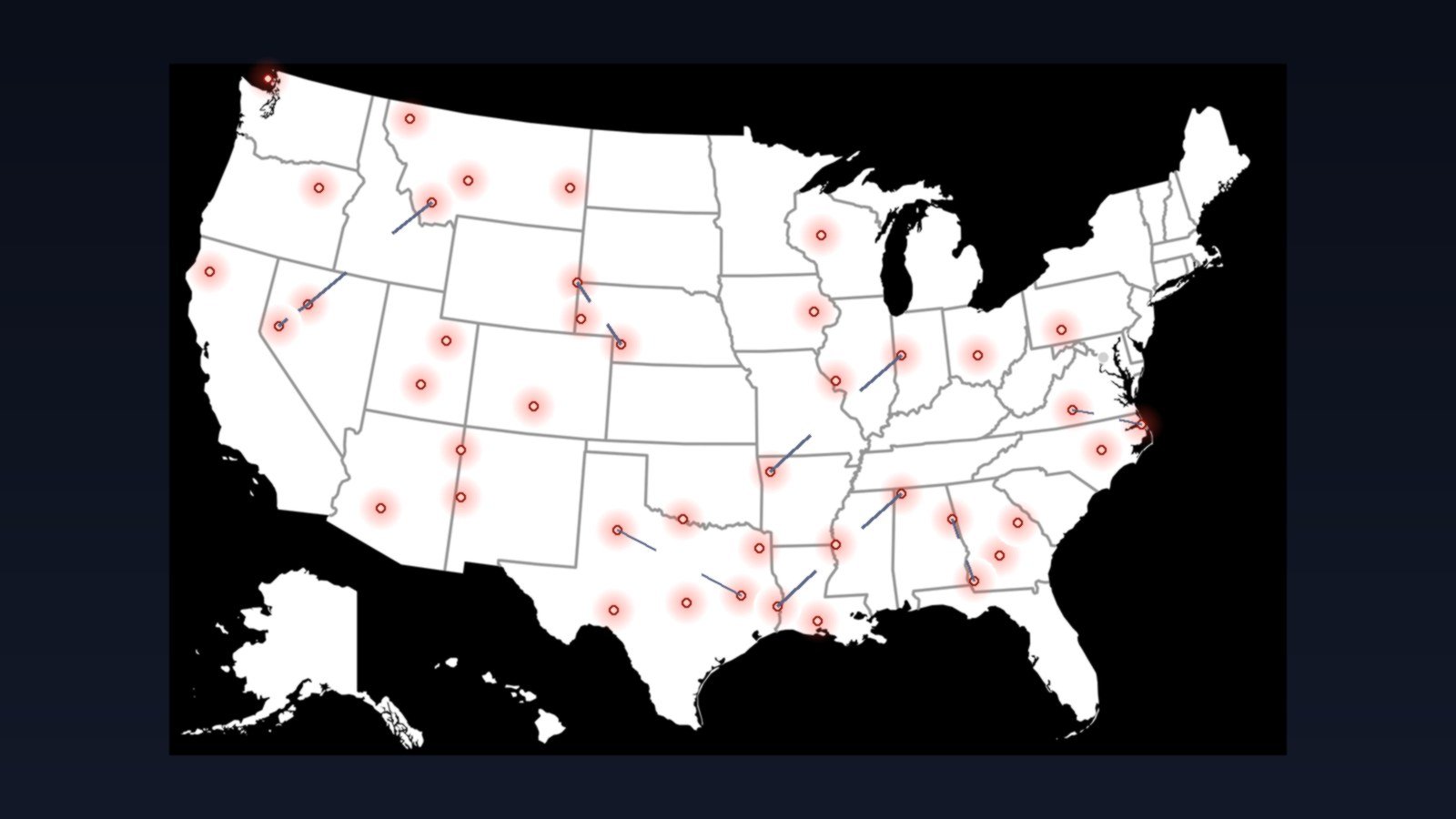 Mapa de Estados Unidos con decenas de nodos judiciales en rojo y conexiones rotas, en referencia a la parada de las notificaciones en todo el pais